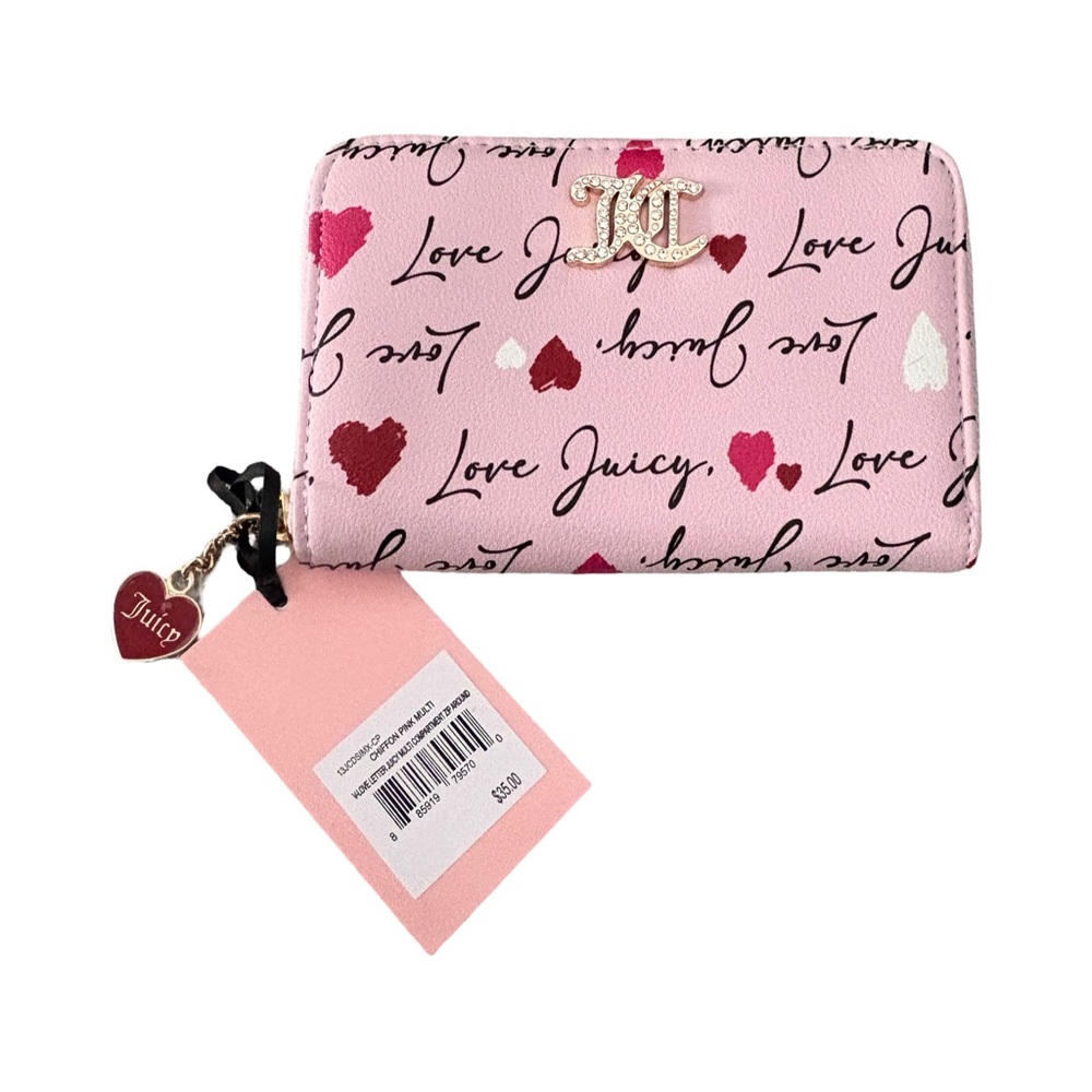 NWT Juicy Couture Pink Heart Script Zip Wallet with Gold Logo